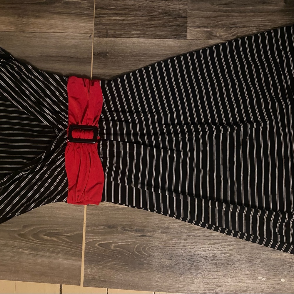 Black and white striped dress with red belt